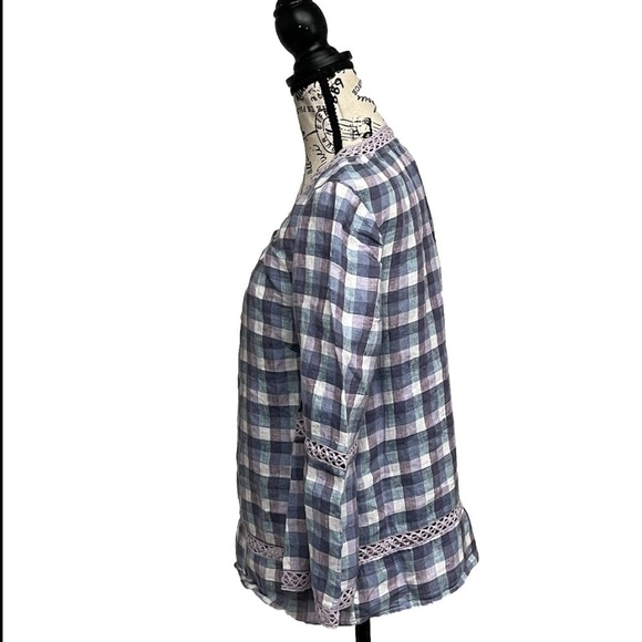 Chicos Crochet-Detail Gingham Linen Popover Top Beach Boho Modest Mature Prep 0 - Picture 4 of 10